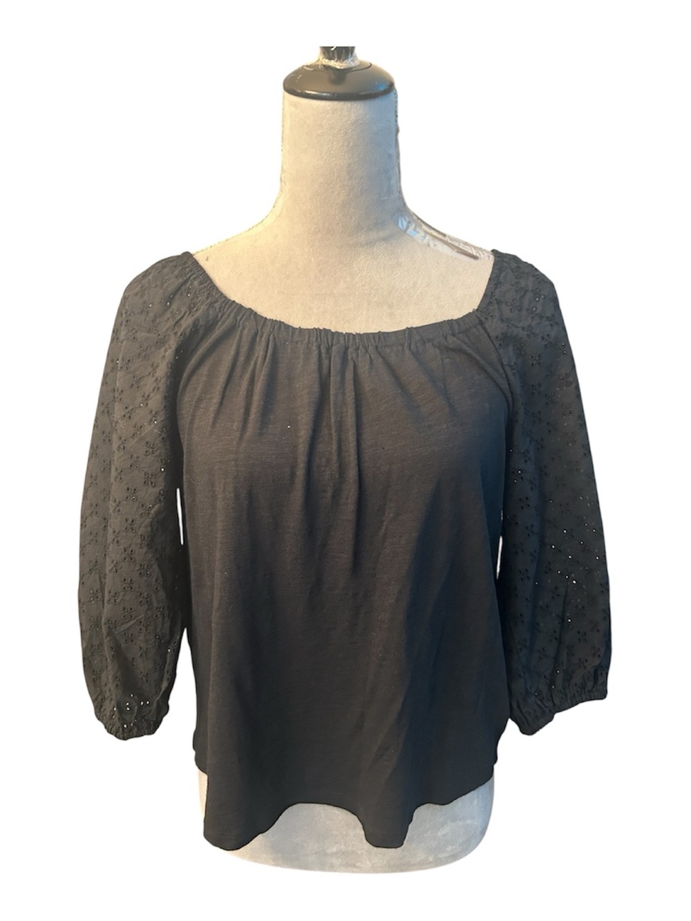 Women's Black Eyelet-Sleeve Peasant Blouse